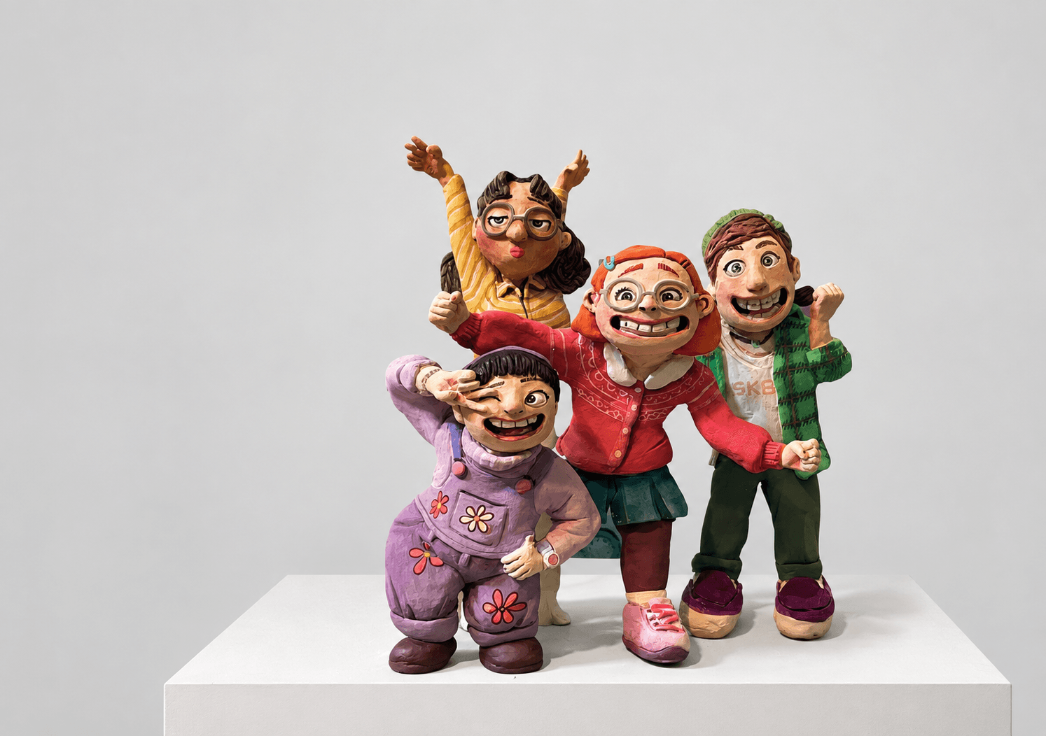 Four colourful handmade character figurines