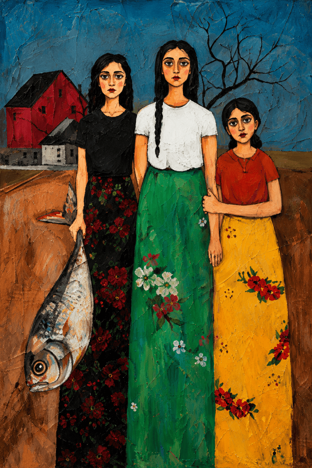 Three women in a colourful landscape