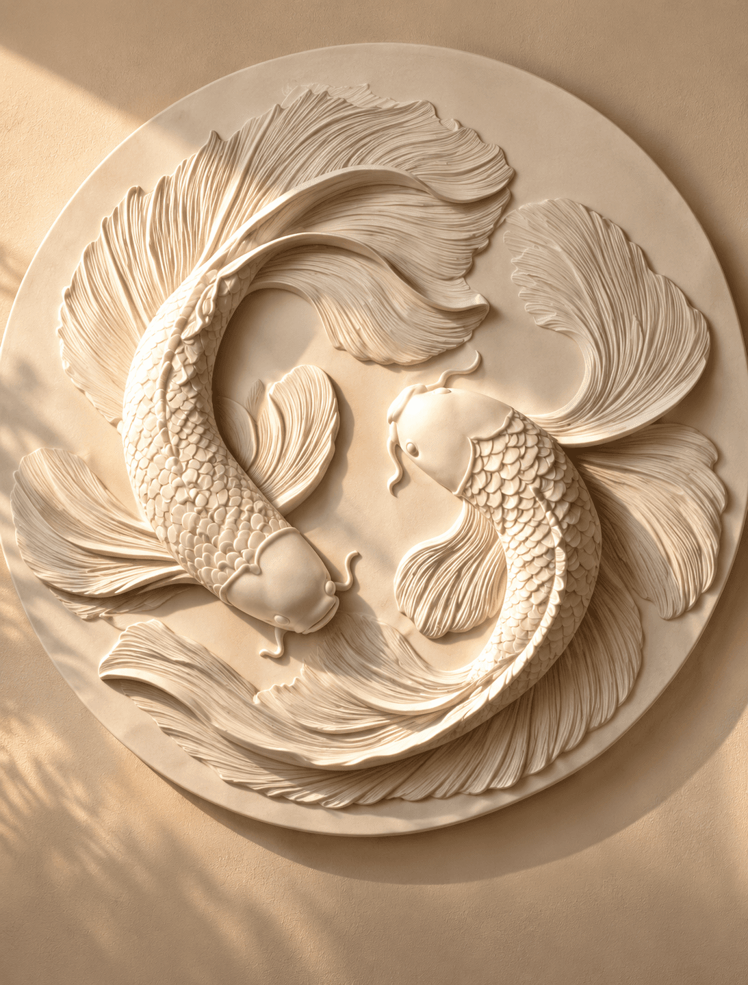 Two sculpted ivory koi among flowing waves